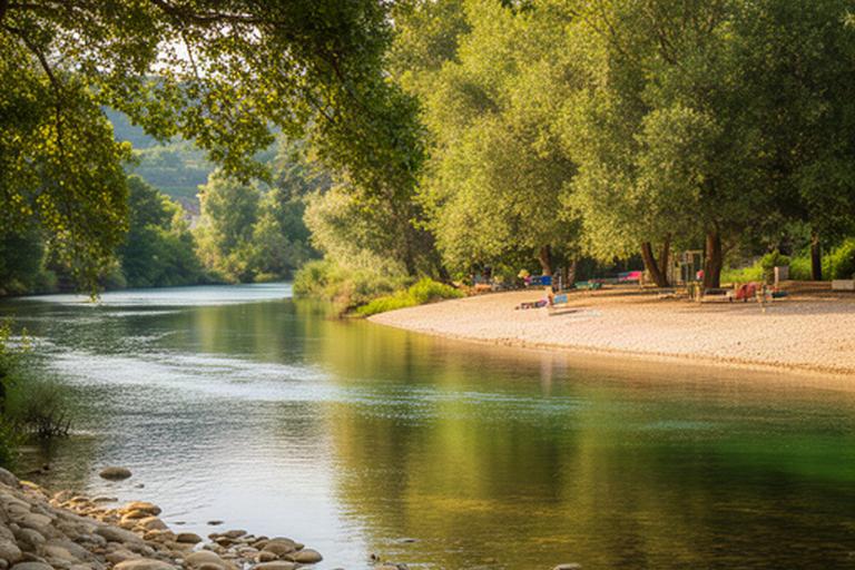 Praia fluvial em Côja, com zona de banho junto ao rio Alva e margem arborizada