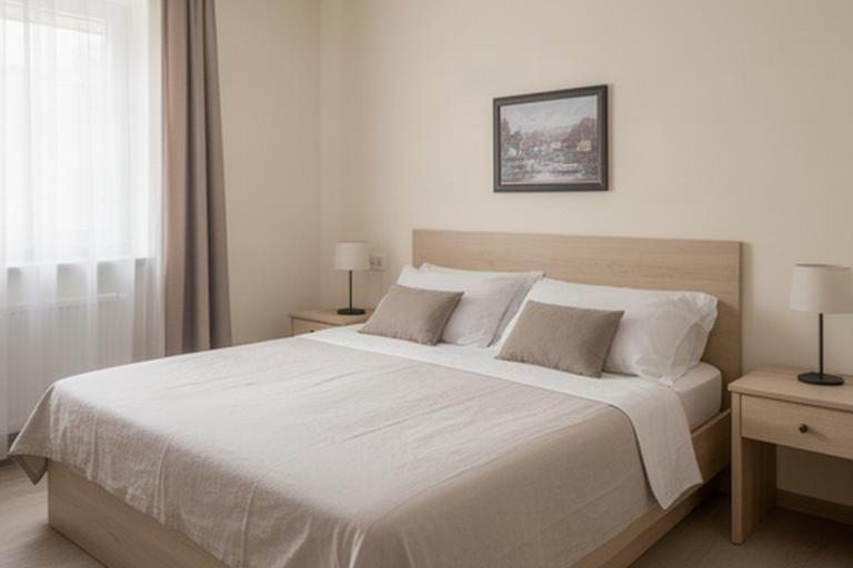 Quarto duplo da pensão com cama de casal, roupa de cama clara e decoração simples