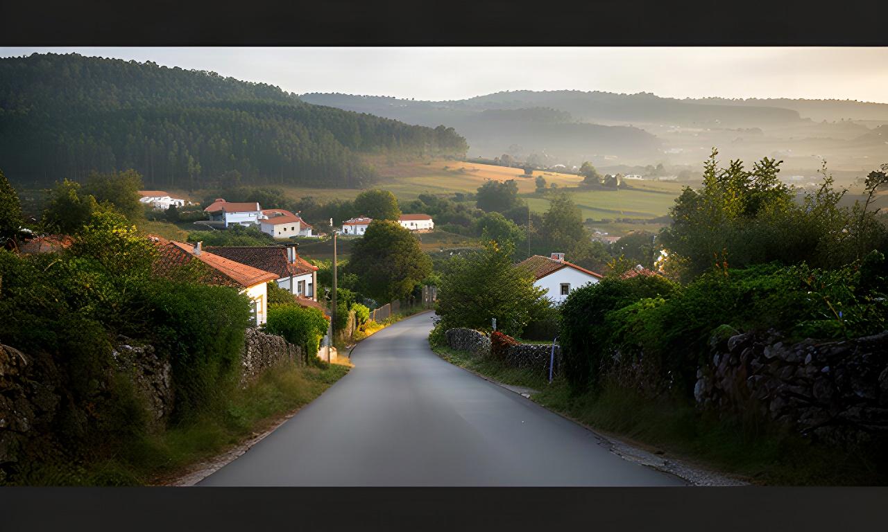 Estrada rural de acesso a Arganil, ladeada por vegetação e casas dispersas