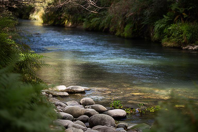 Margem do rio Alva na zona de Arganil, com água calma, pedras e vegetação ribeirinha