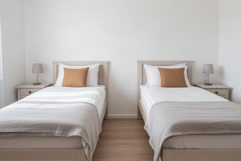 Quarto twin com duas camas individuais, roupa de cama clara e espaço entre camas