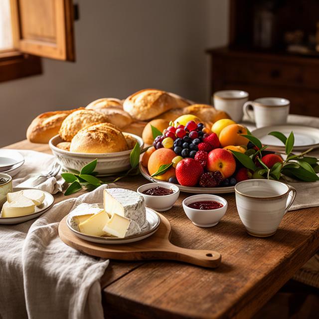 Mesa de pequeno-almoço com pão, fruta da época, queijo e compotas numa sala acolhedora