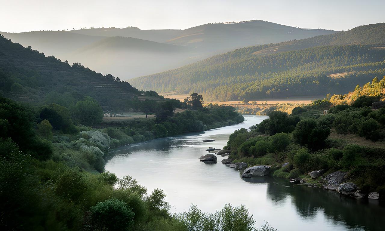 Vale do rio Alva junto a Arganil, com encostas verdes da Serra do Açor ao fundo
