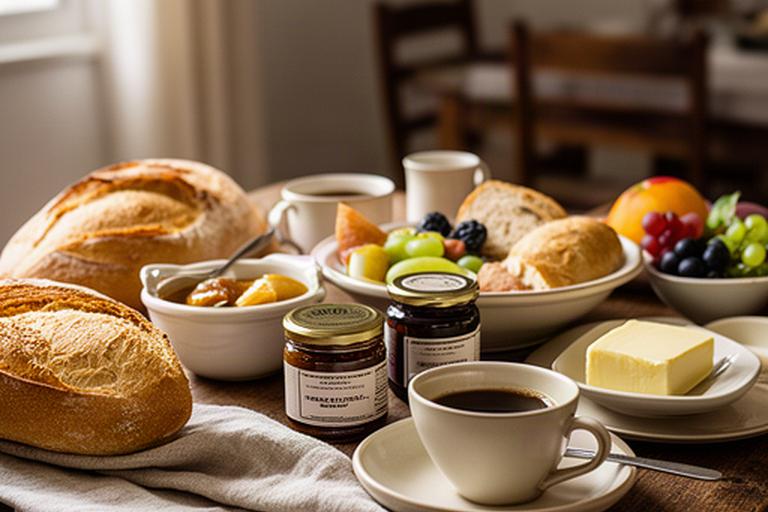 Mesa de pequeno-almoço numa pensão em Arganil, com pão, café e produtos regionais