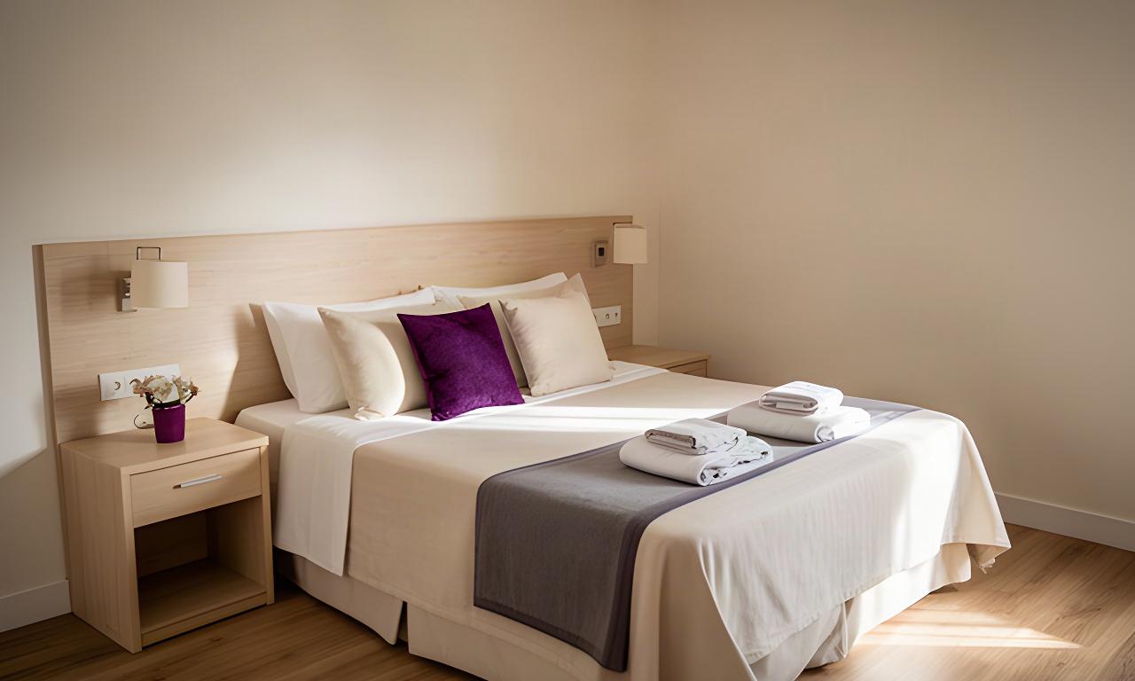 Quarto principal da pensão em Arganil, com cama feita, madeira clara e luz natural